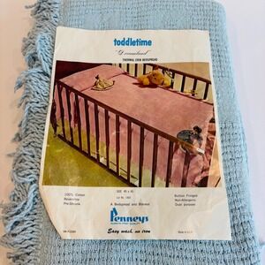 Vtg JC Penny Baby Blanket Cotton Blue Crib Bedspread Fringe 45x65 1970s New